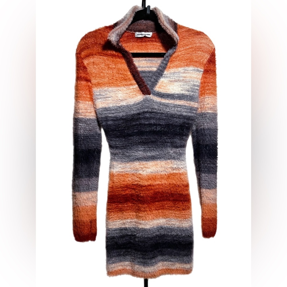 Maniere De Voir Fuzzy Striped V-Neck Collared Mini Sweater Dress